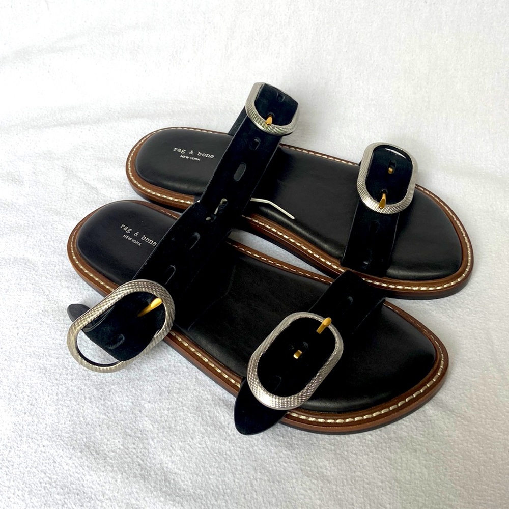 Rag & Bone Ansley suede buckle slide sandals in black.